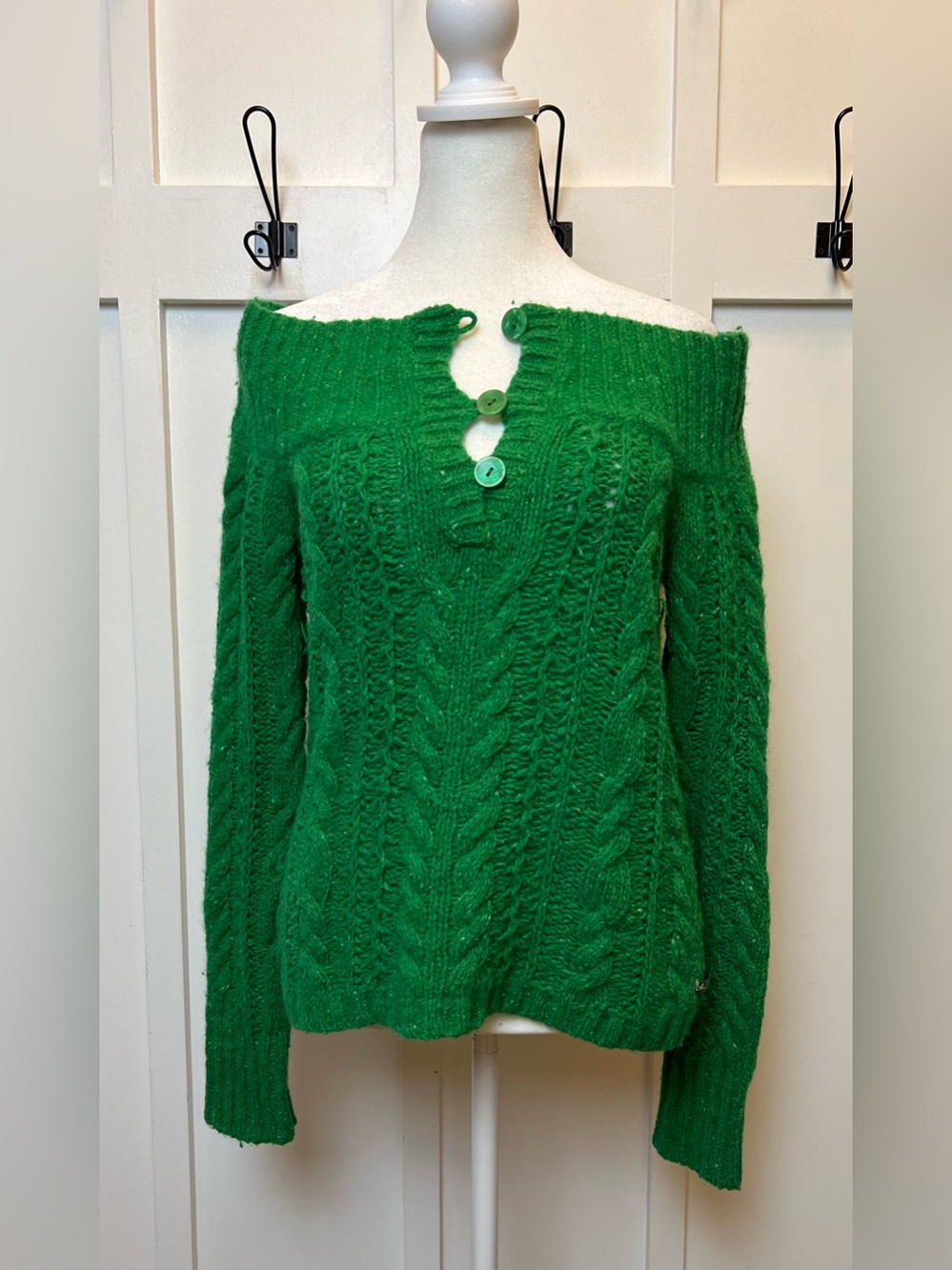 American Eagle Medium Green Long Sleeve Button Down Sweater Boat Neck Preppy